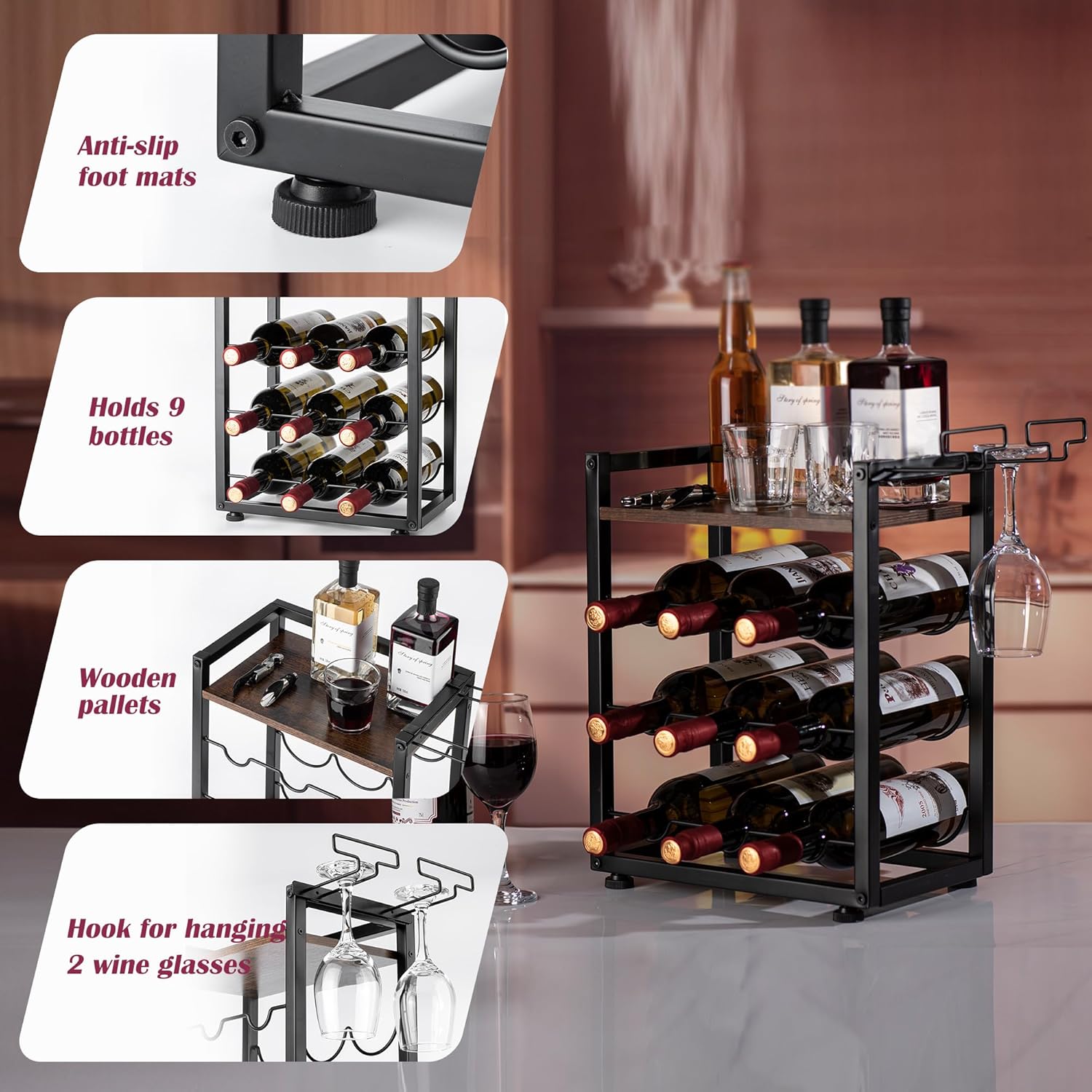 Facka 4-Tier Tabletop Wine Rack with 9 Bottles 1