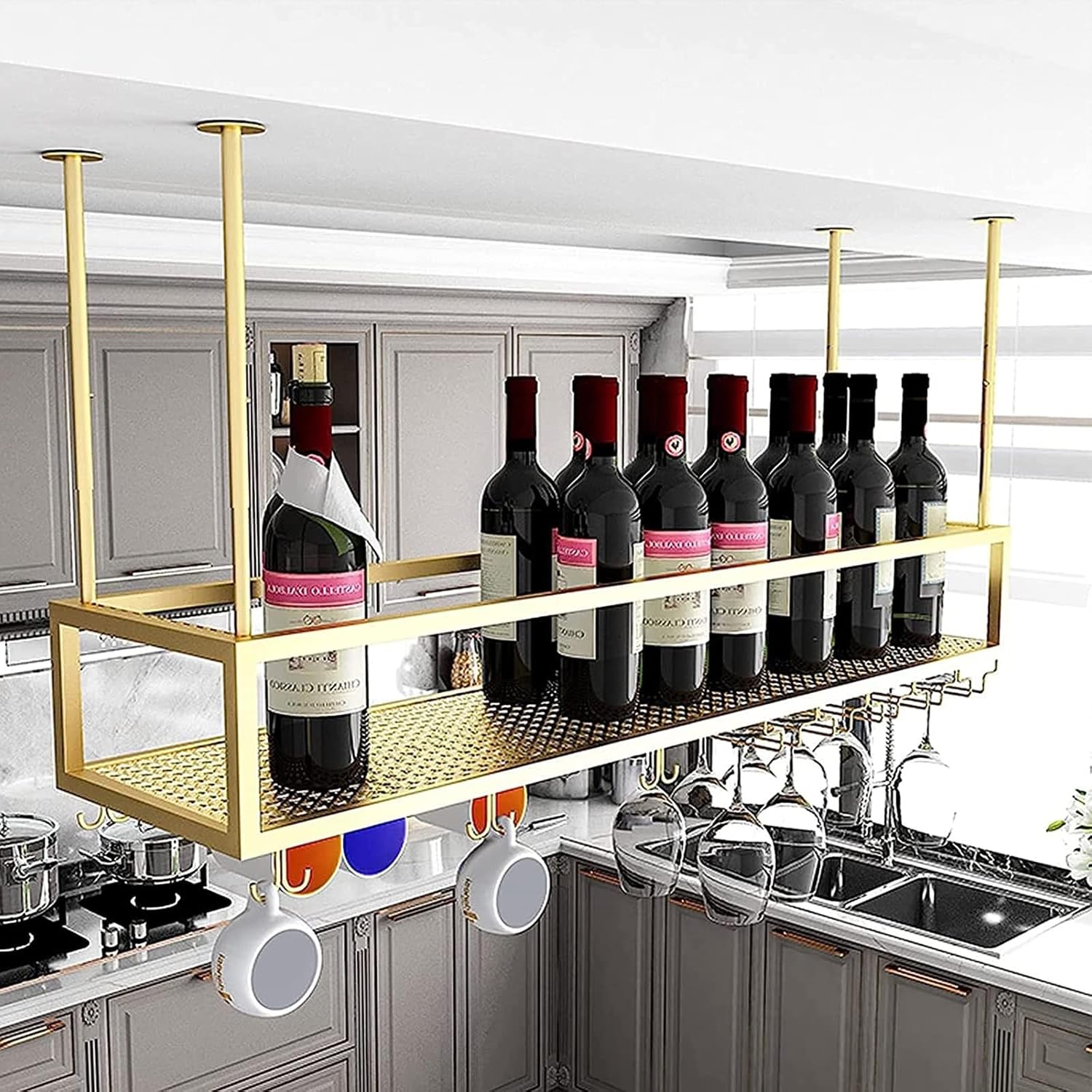 Ceiling Wine Glass Rack - Iron Holder Height Adjustable Durable Modern Design