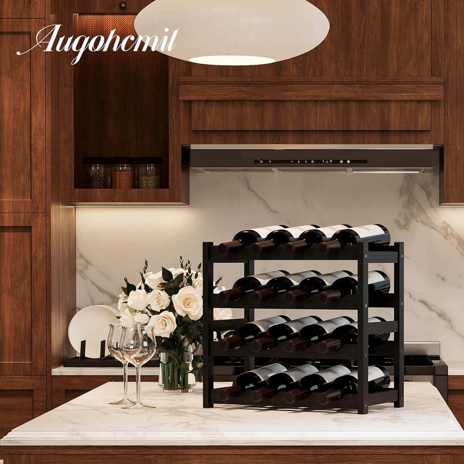 AUGOHCMIL 4-Tier Bamboo Wine Rack Black 1