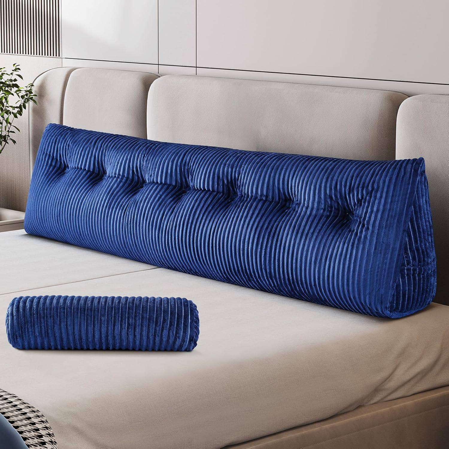 Z-hom King Size Pillow Headboard with 2 Roll Pillows Blue