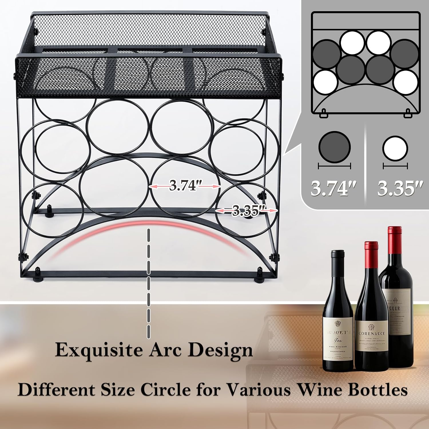 NOBLEMOOD 8 Bottles Tabletop Wine Rack Stand with Storage Basket