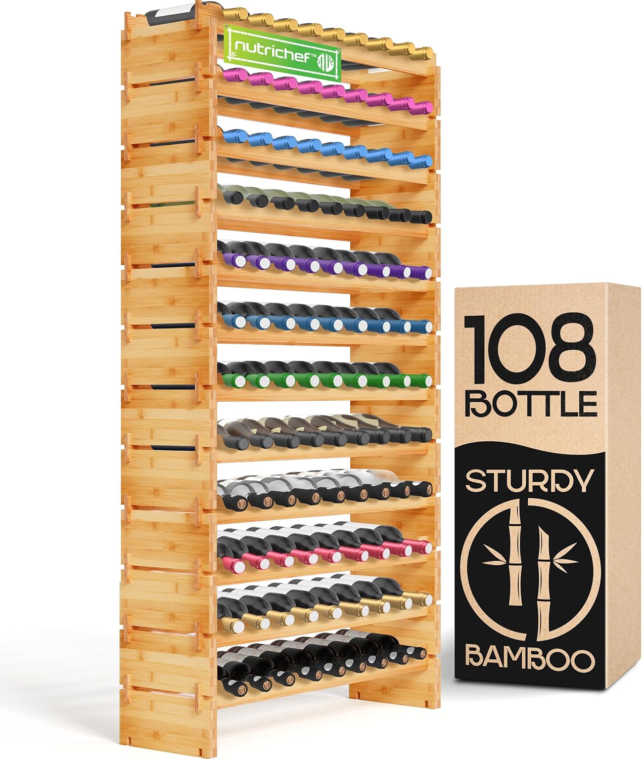 NutriChef Bamboo 12-Tier Wine Rack 108 Bottle Capacity