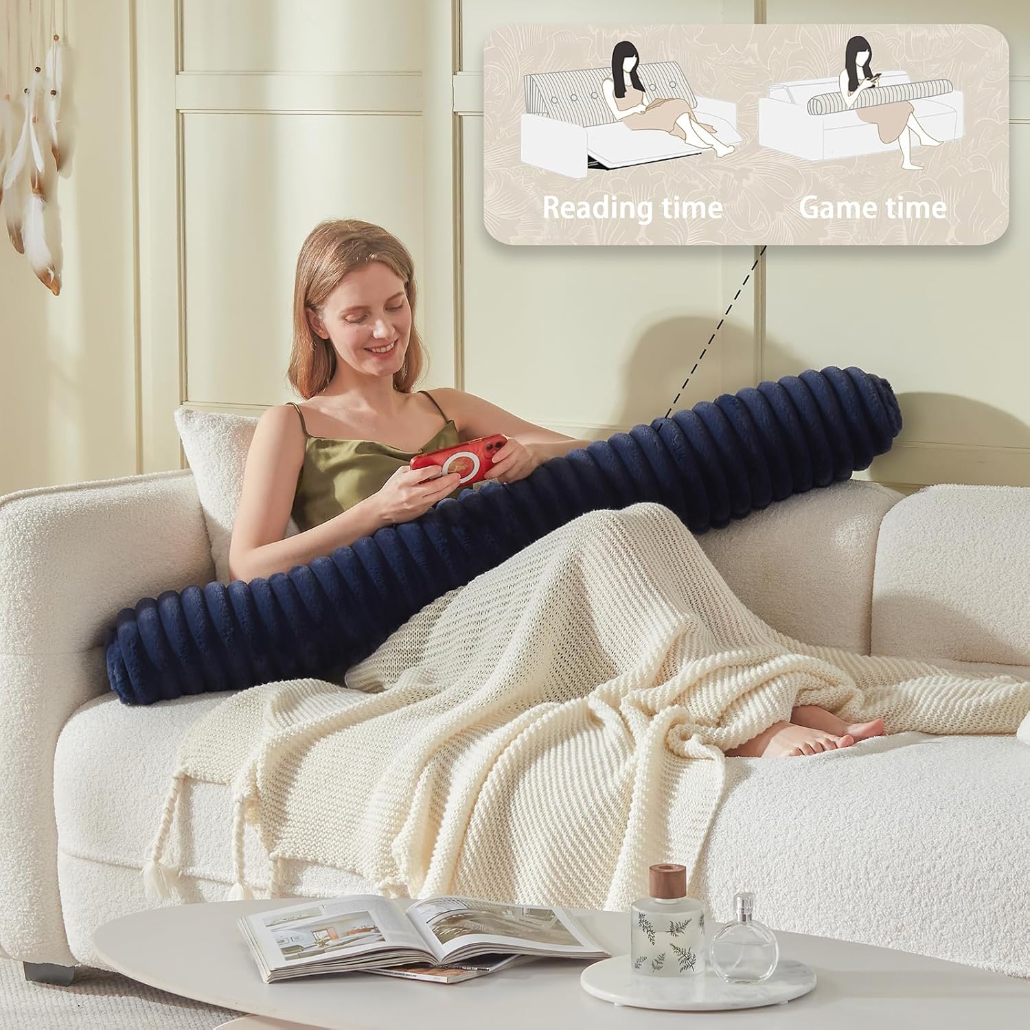 AmyWtb Headboard Pillow with Neck Roll Pillow Blue 39x8x20 Inches