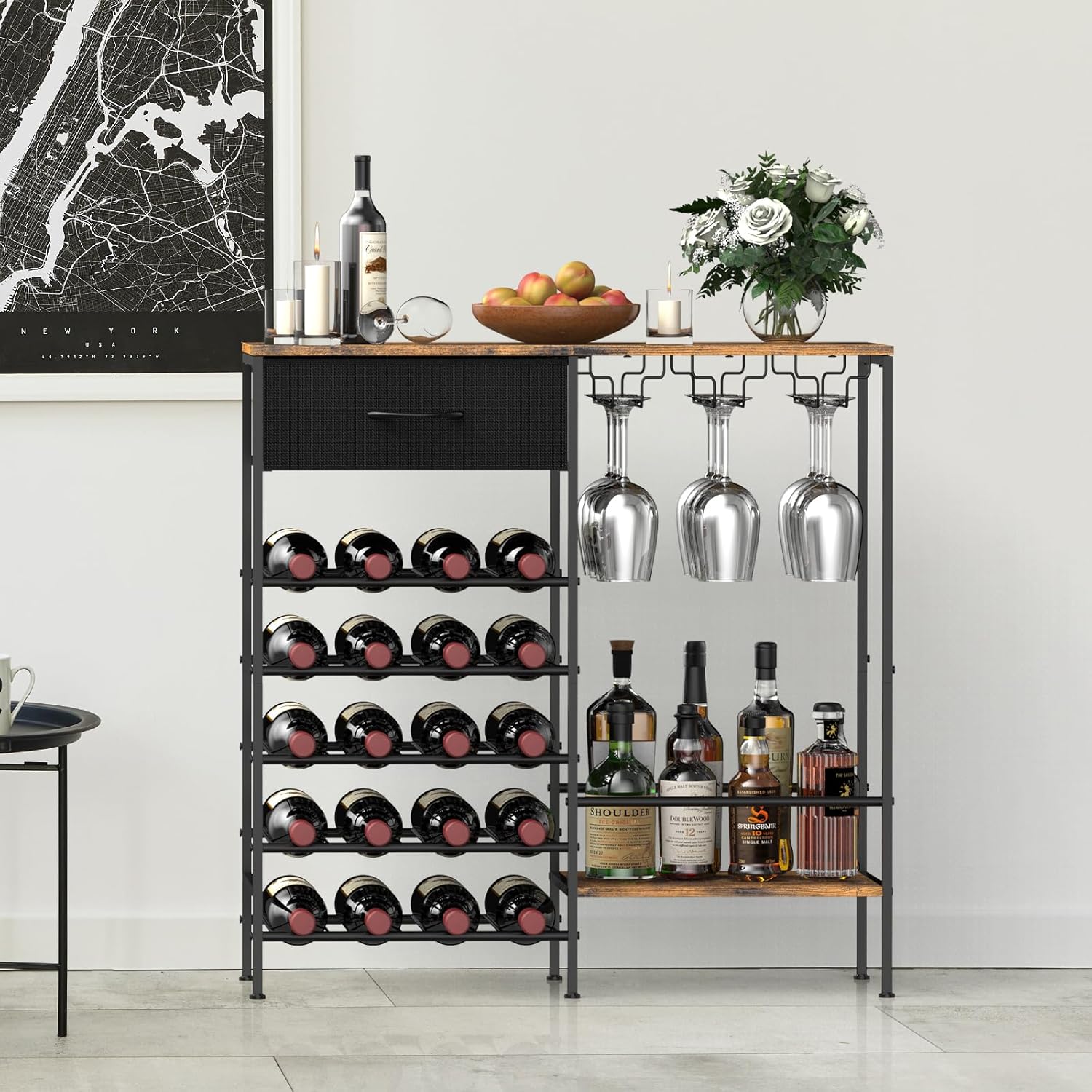 MOOACE Freestanding Wine Rack with Storage Glass Holder
