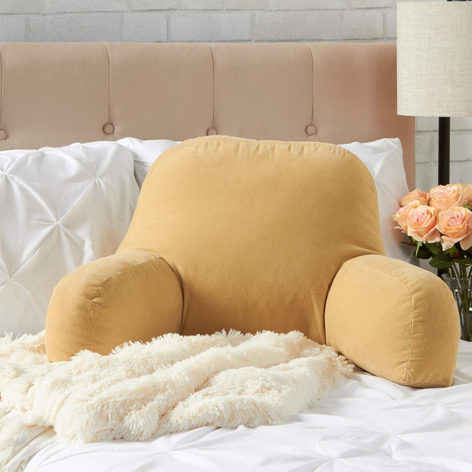 Greendale Home Fashions Hyatt Microfiber Bed Reading Pillow with Arms Beige