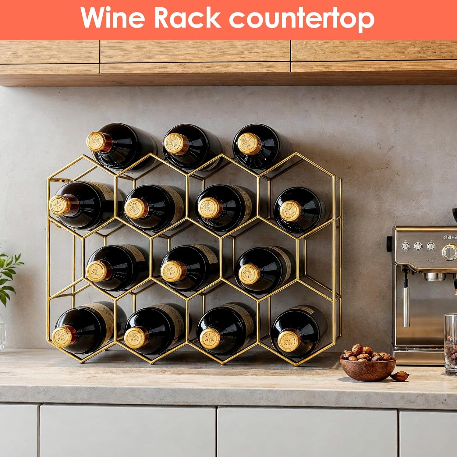 Pafeooui 14-Bottle Tabletop Wine Rack - Modern Gold Holder Stand