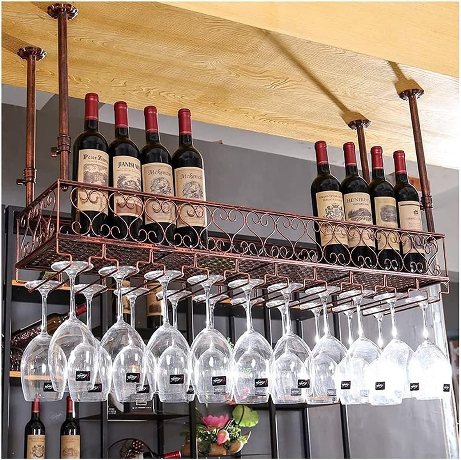 Ceiling Hanging Wine Rack with Glass Holder Shelf 120x25cm Brown