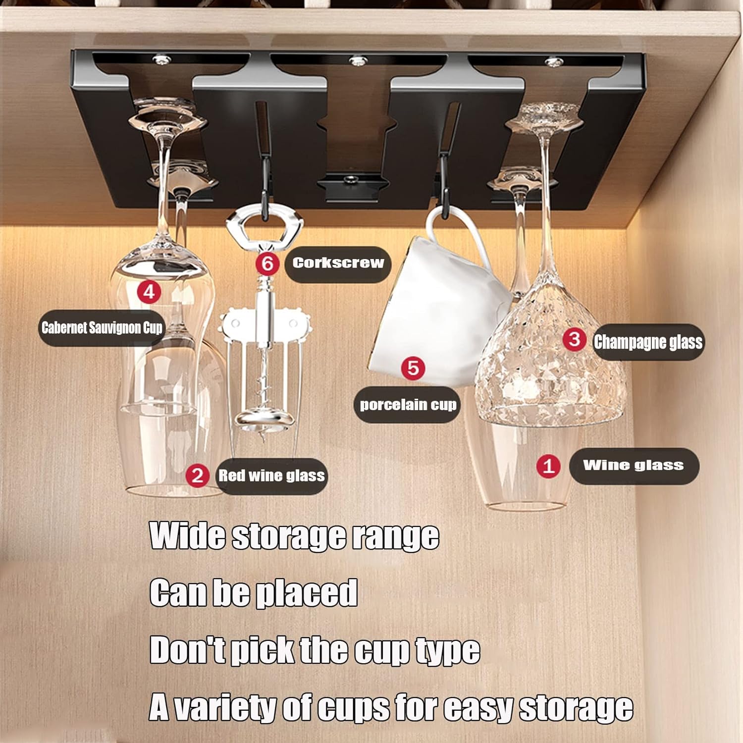 WORDFUN Stainless Steel Wine Glass Rack 6 Rows Durable Adjustable