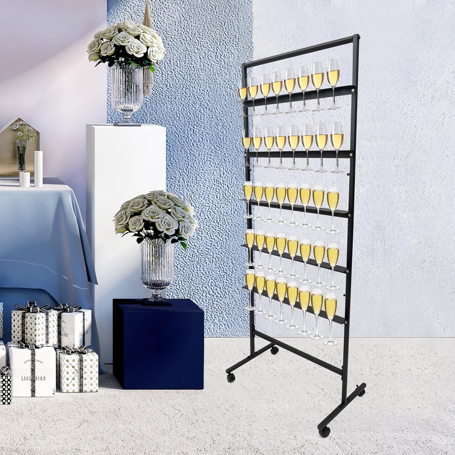 5 Tier Champagne Glass Holder with Lockable Wheels - Black