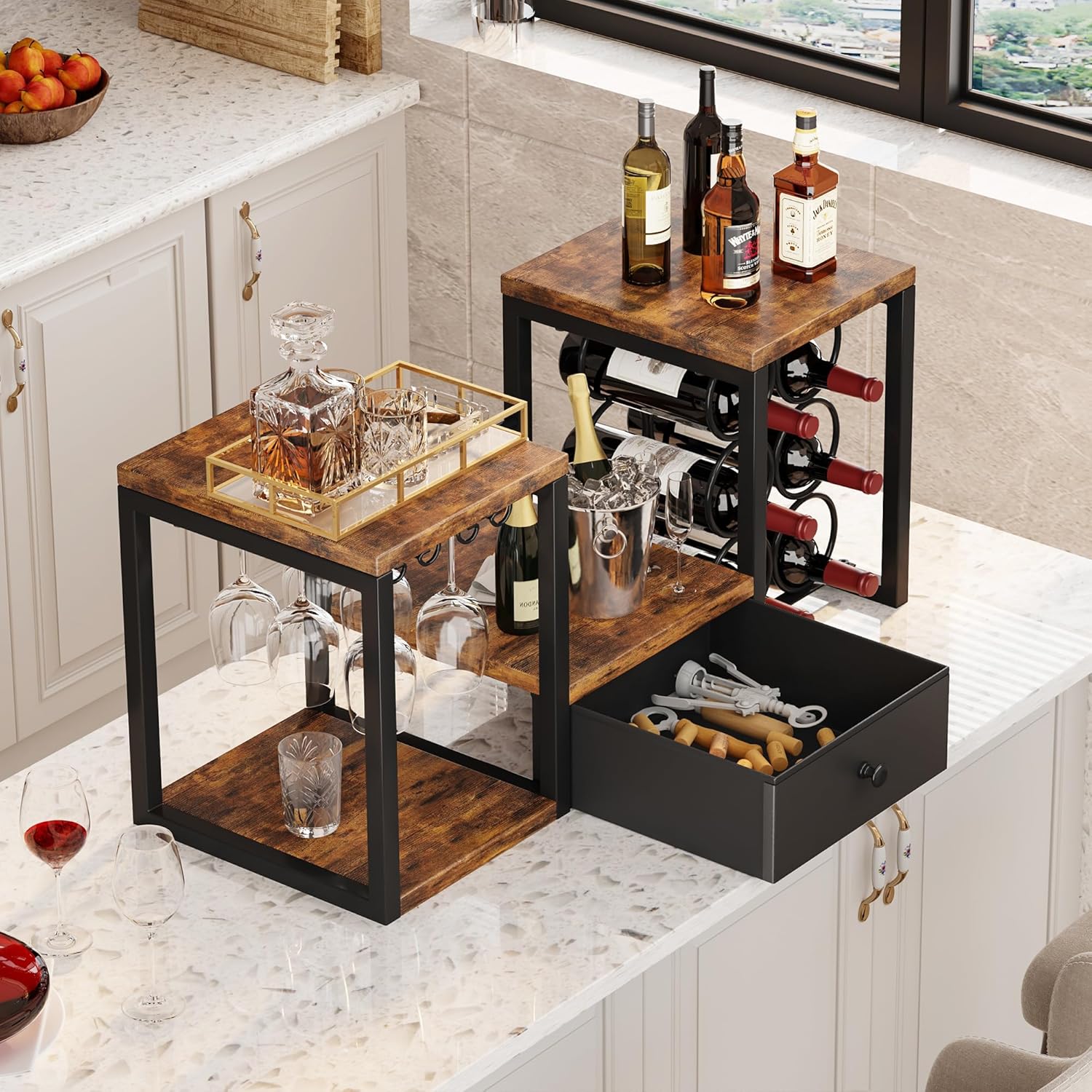 Homeiju Tabletop Wine Rack with Drawer and Glass Holder 1