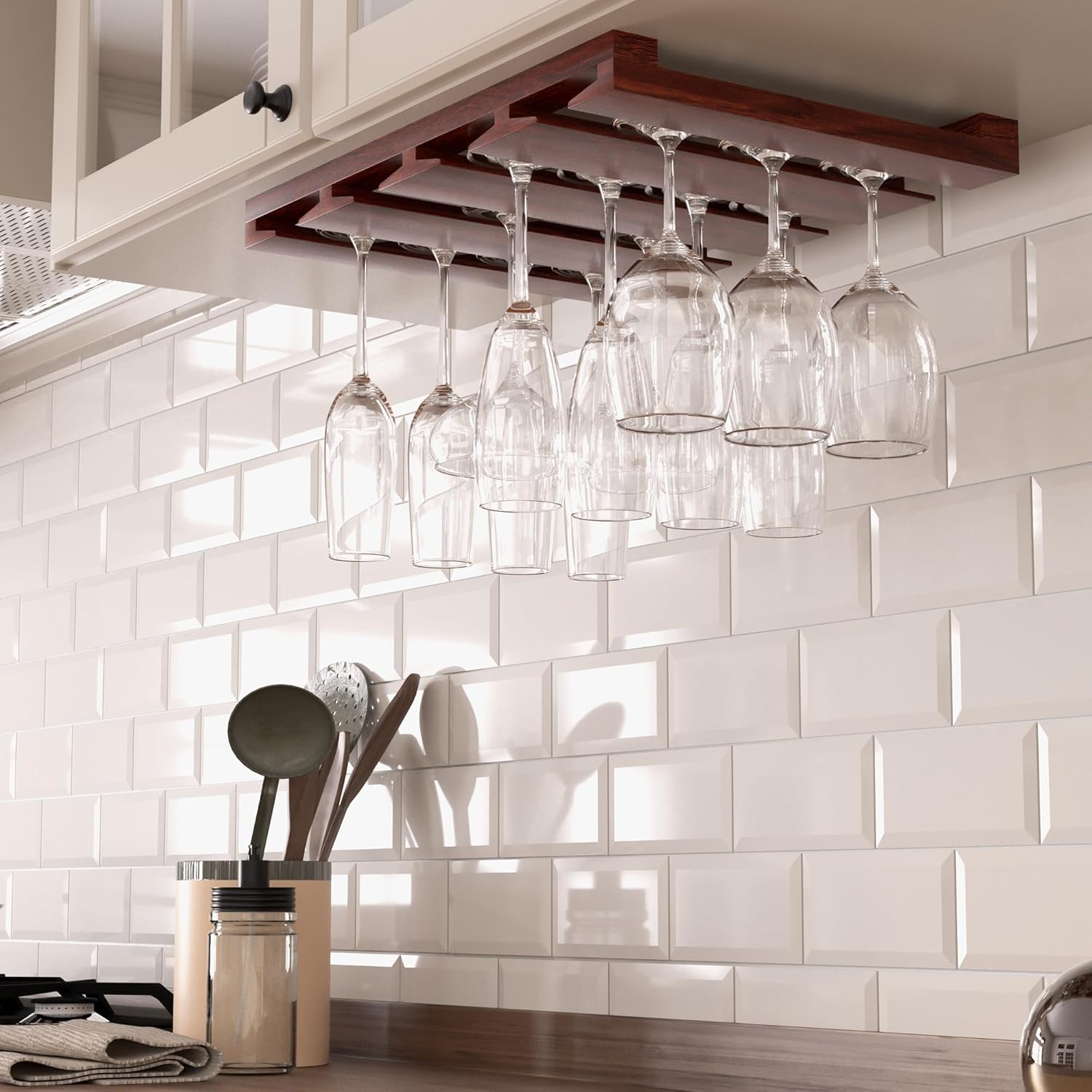 Rustic State 4 Sectional Under Cabinet Wood Stemware Rack