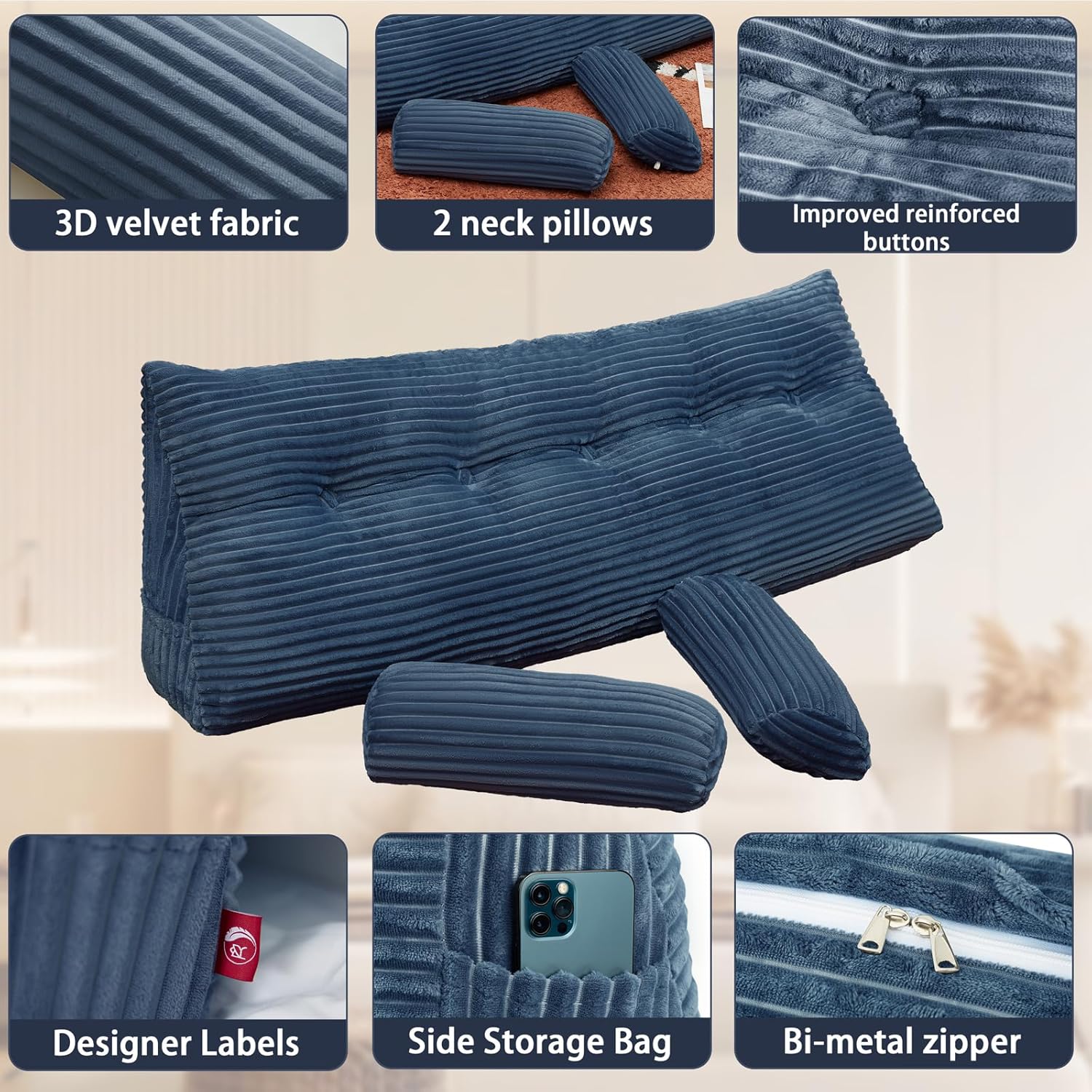 Soft Supportive Headboard Pillow with Neck Roll and Removable Cover