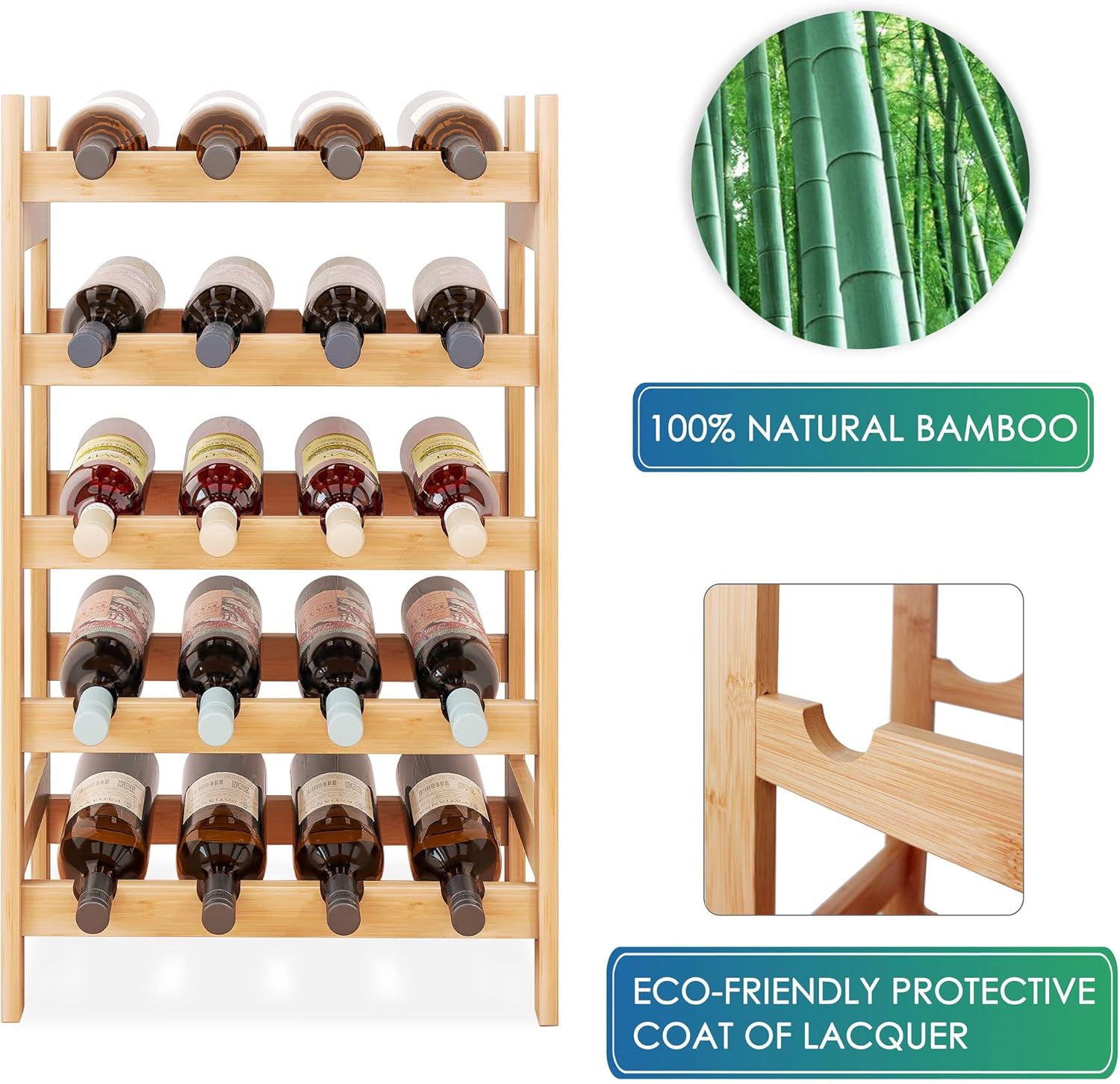 SMIBUY Bamboo Wine Rack 20 Bottles 5-Tier Free Standing