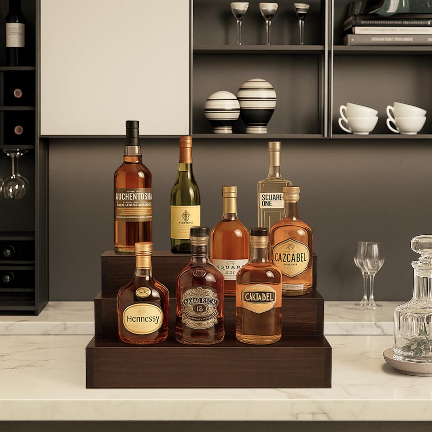 Royxen 3 Tier Wood Liquor Shelf - Brown 16 Inch Wide