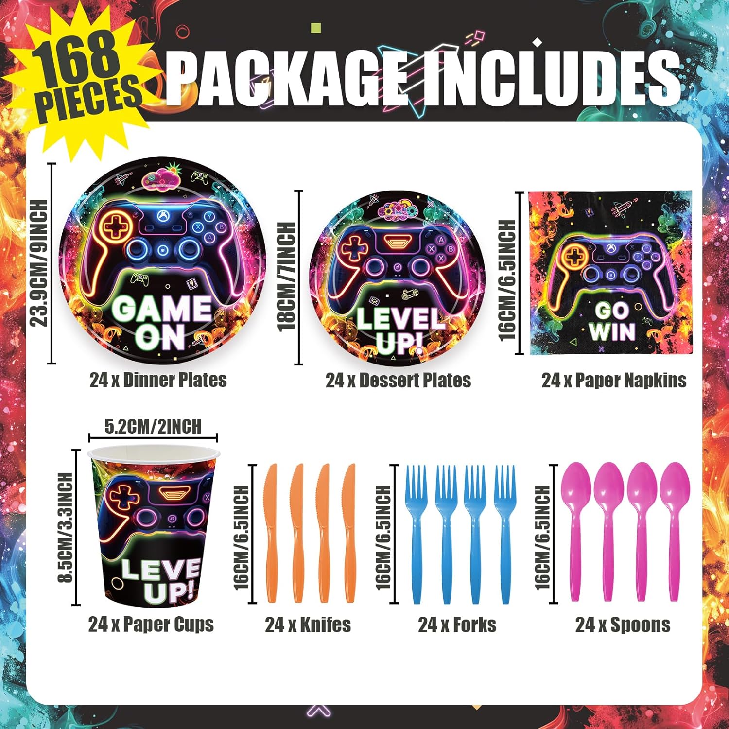 168 Pcs Neon Video Game Plates Napkins Set