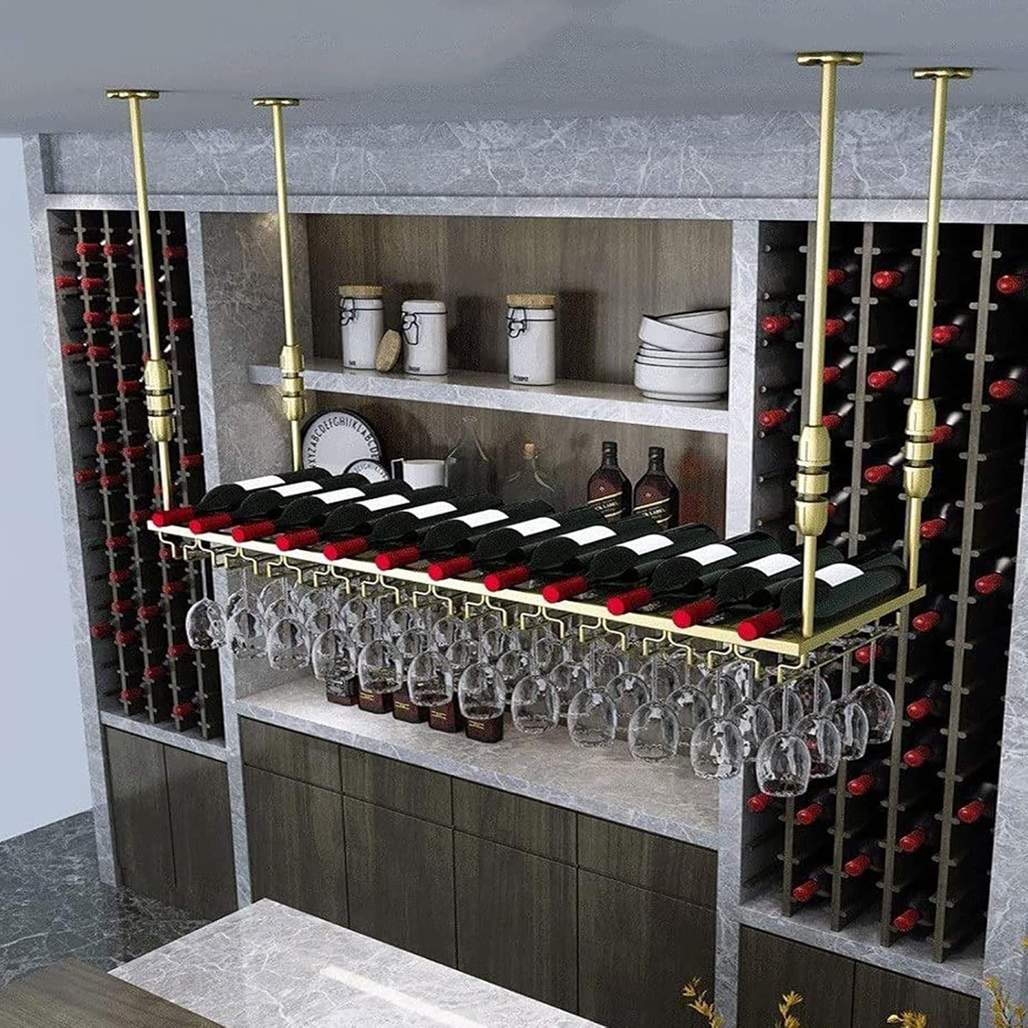 Adjustable Iron Wine Bottle Holder with Telescopic Rod for Ceiling Mount