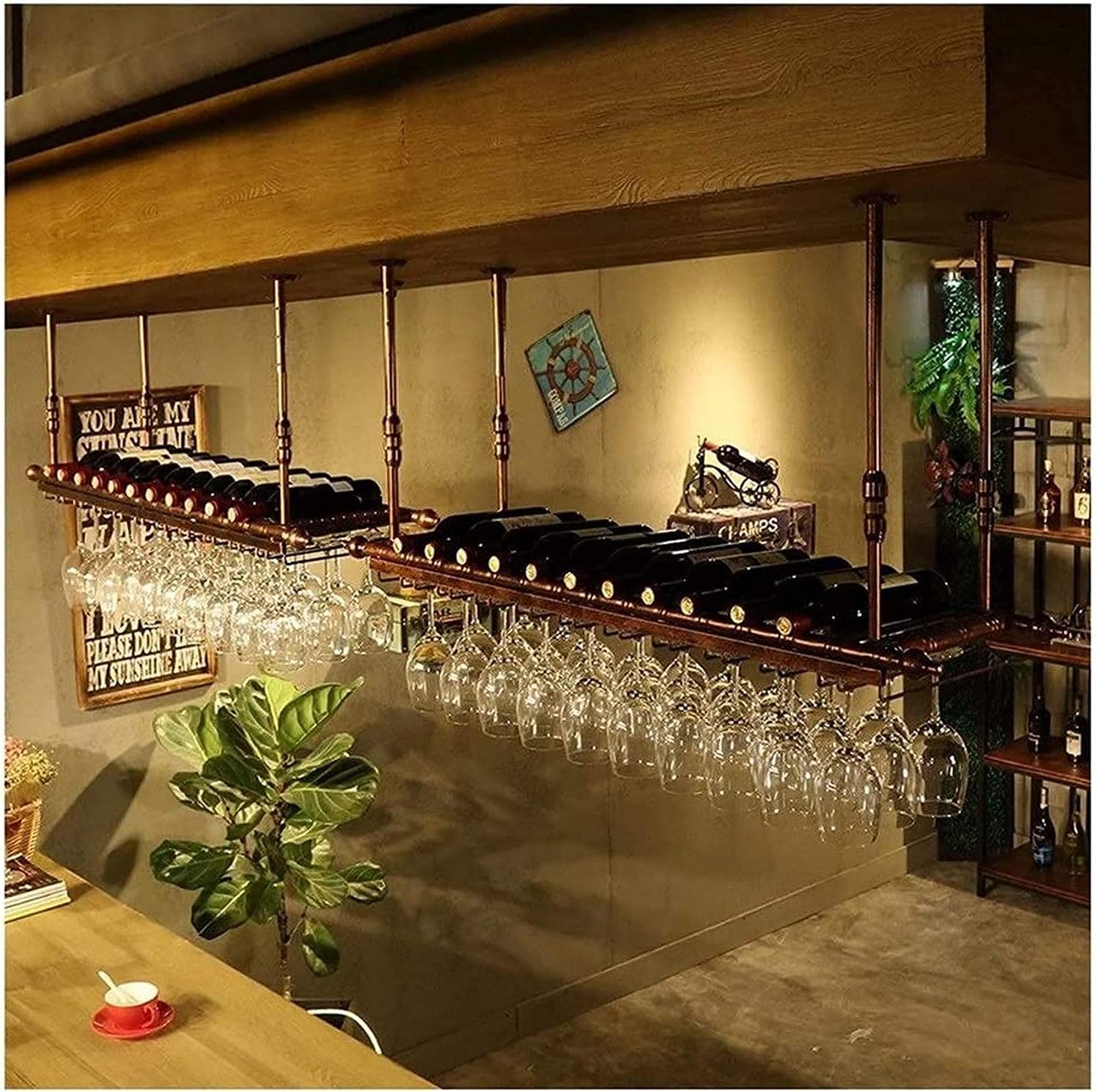 Ceiling Hanging Wine Rack with Glass Holder Shelf Brown 120x30cm