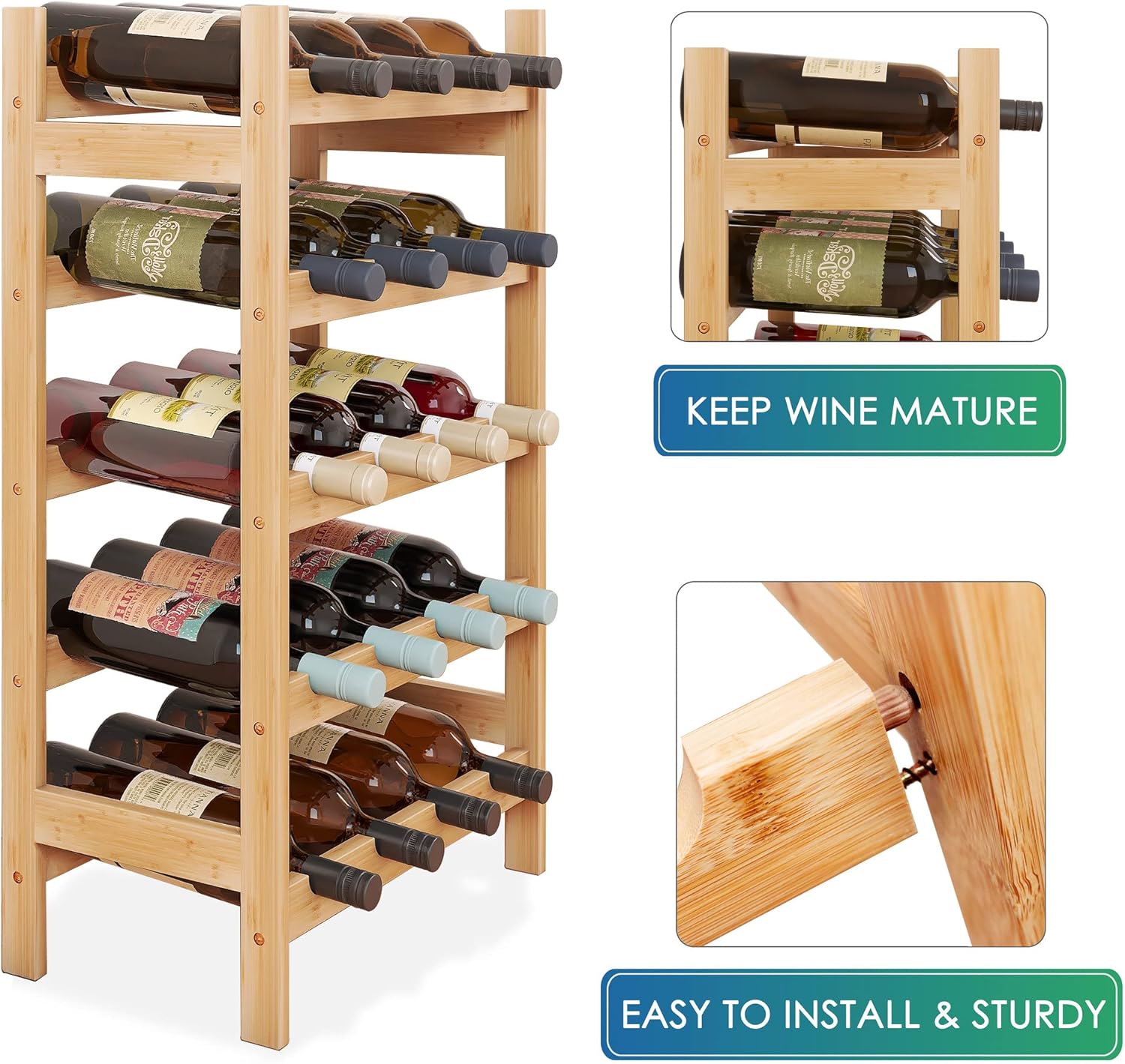 SMIBUY Bamboo Wine Rack 20 Bottles 5-Tier Free Standing