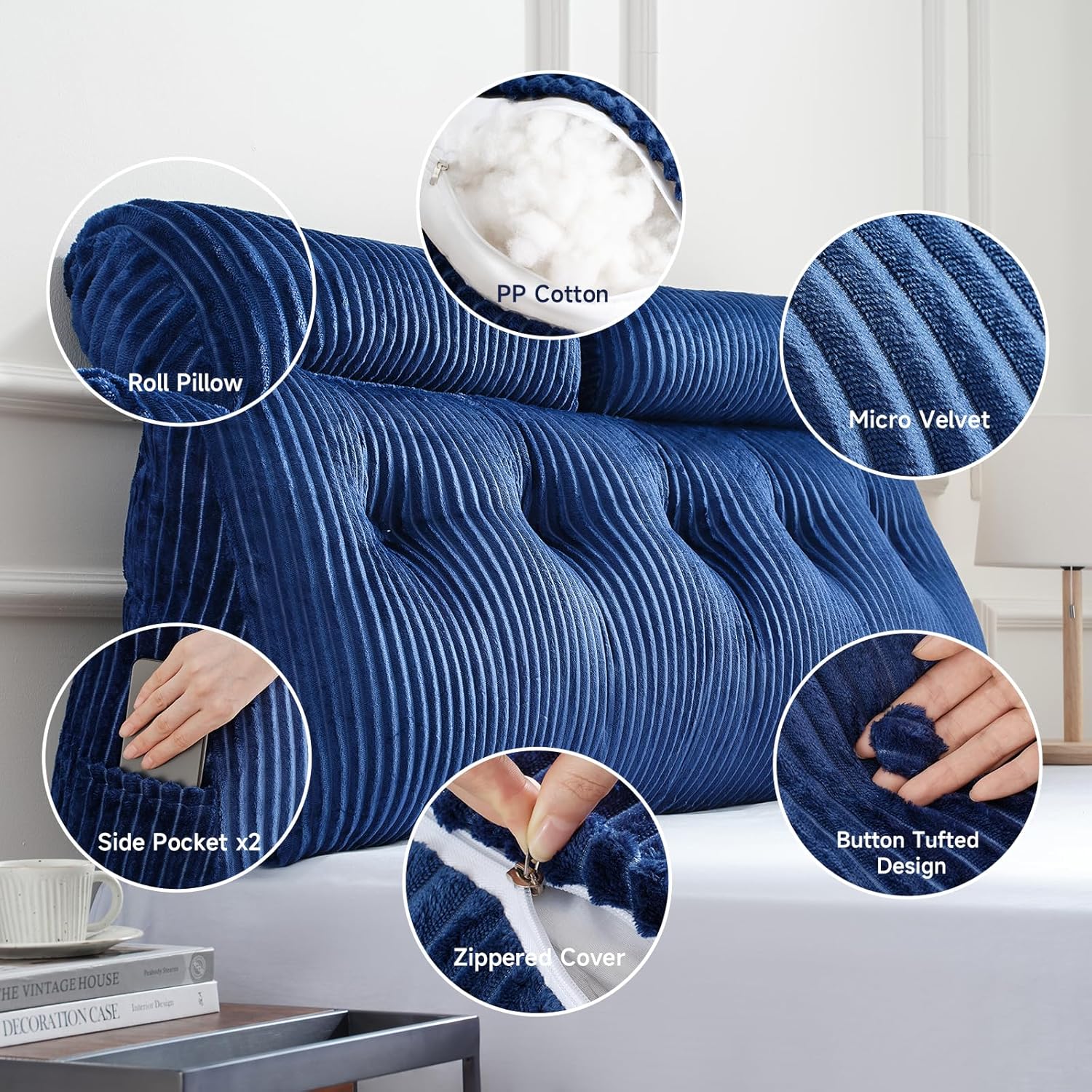 Z-hom King Size Pillow Headboard with 2 Roll Pillows Blue
