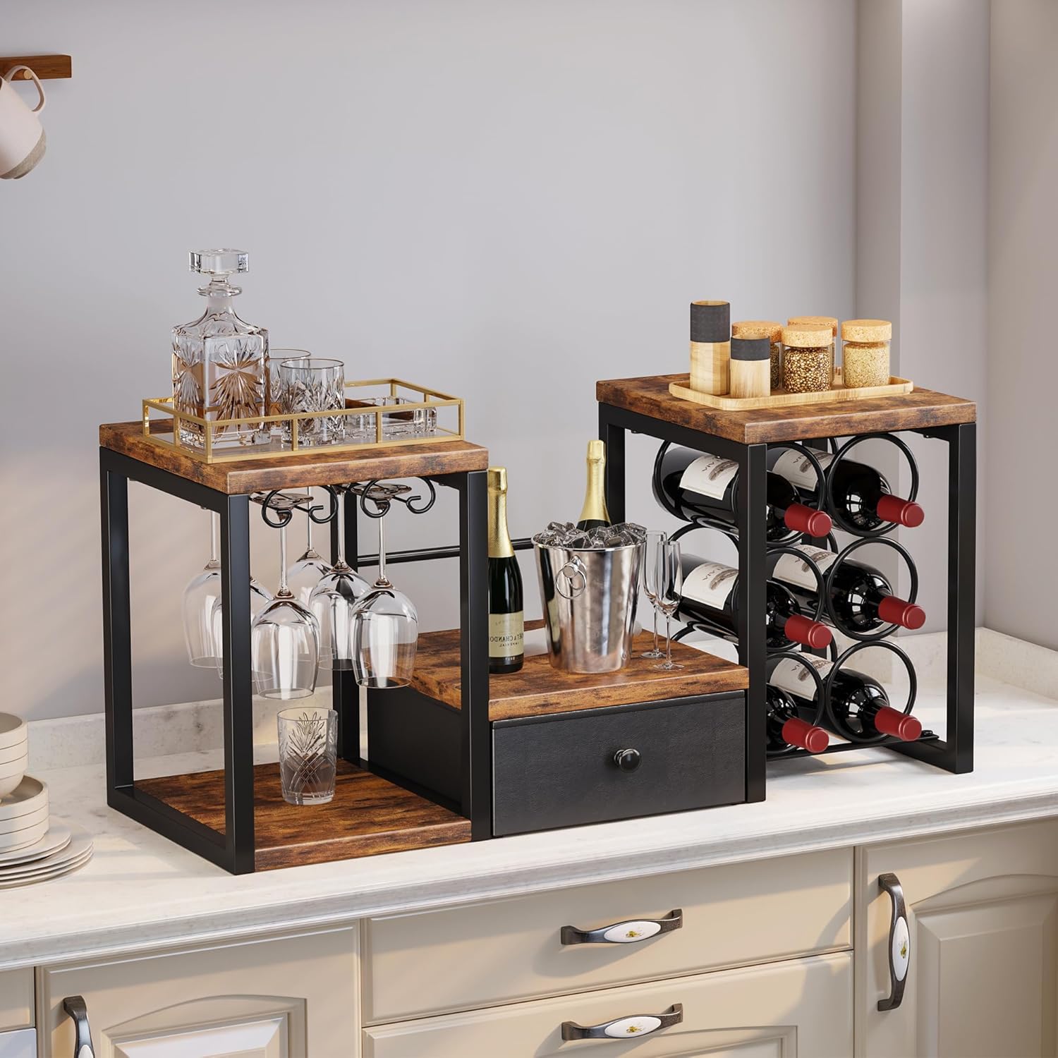 Homeiju Tabletop Wine Rack with Drawer and Glass Holder 1