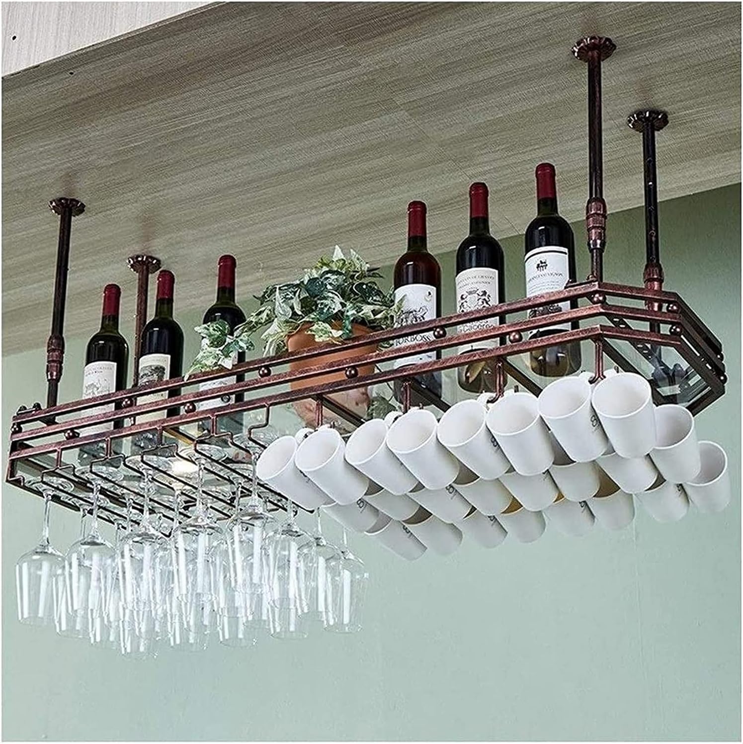 Ceiling Hanging Wine Rack with Glass Holder Shelf Wall-Mounted Goblet Rack 80x35cm