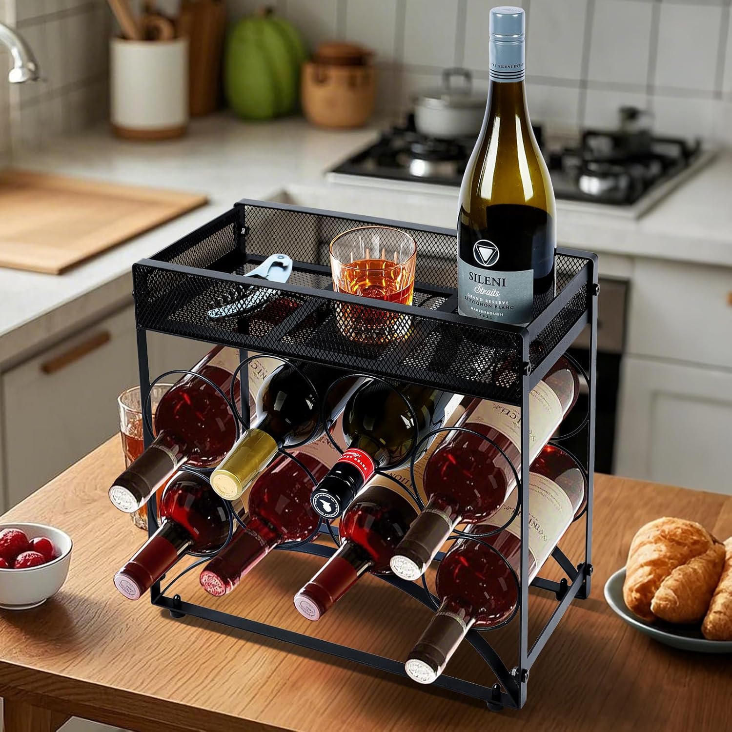 NOBLEMOOD 8 Bottles Tabletop Wine Rack Stand with Storage Basket
