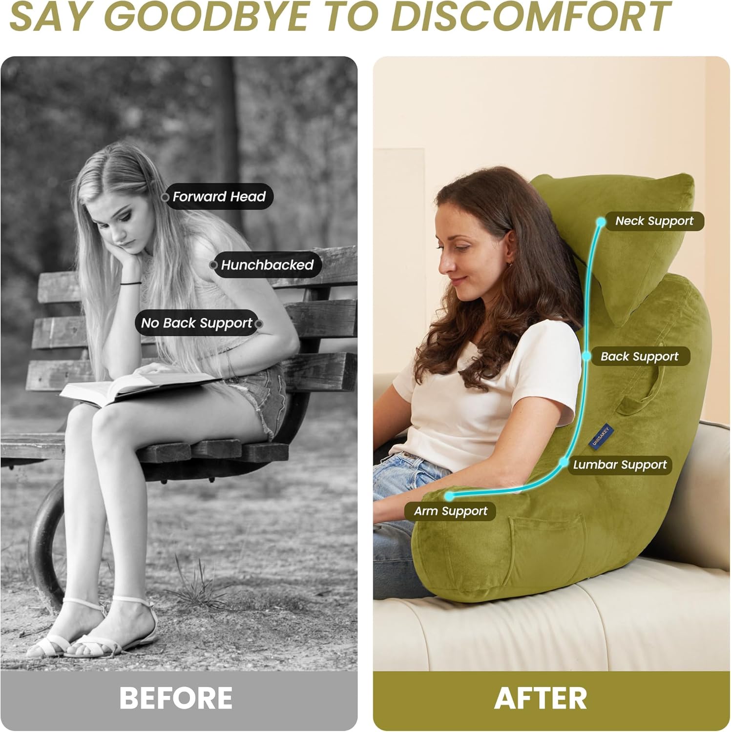 Unisakey Reading Pillow with Headrest and 3 Pockets Yellow Green