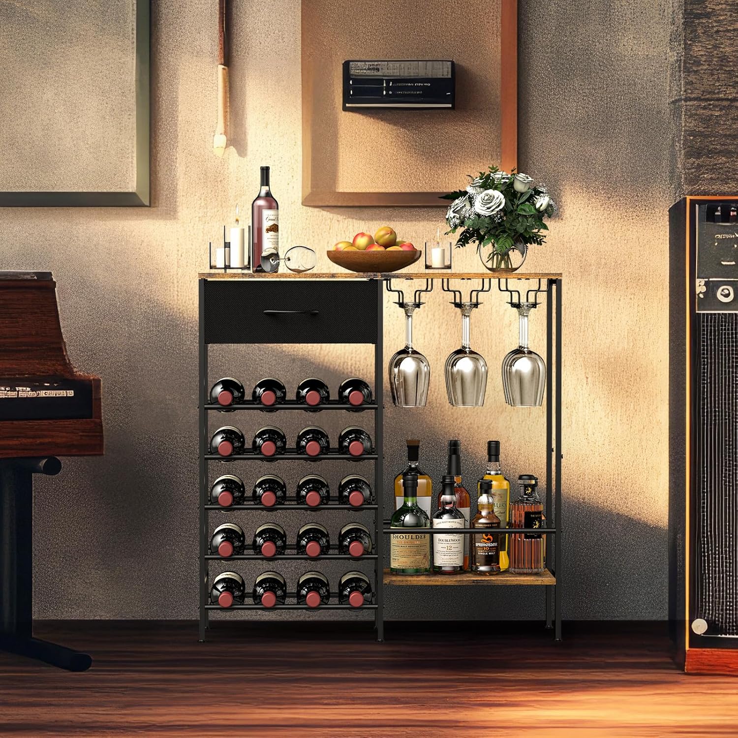 MOOACE Freestanding Wine Rack with Storage Glass Holder