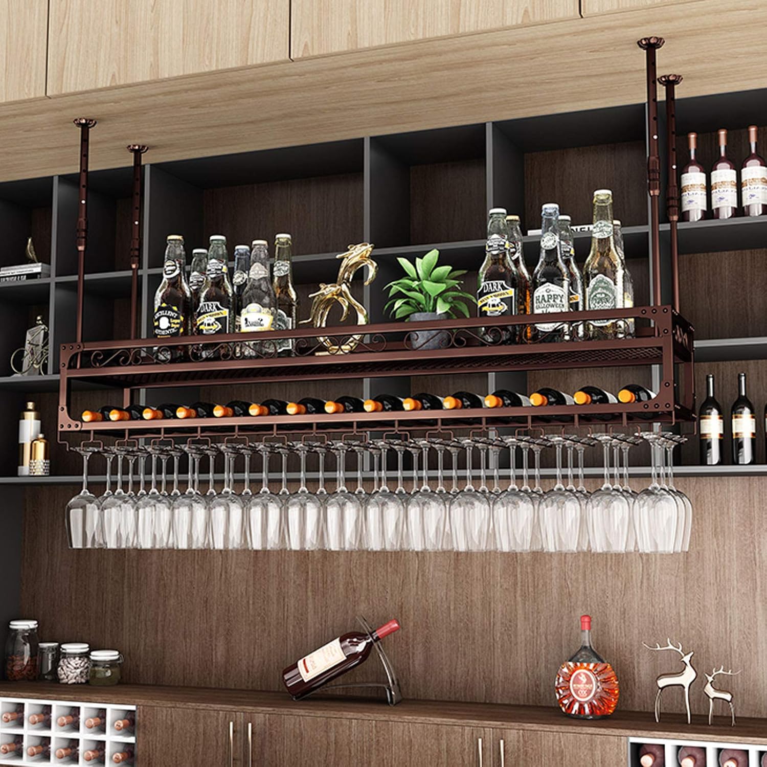 Adjustable 2-Layer Wall-Mounted Wine Rack with Glass Holder