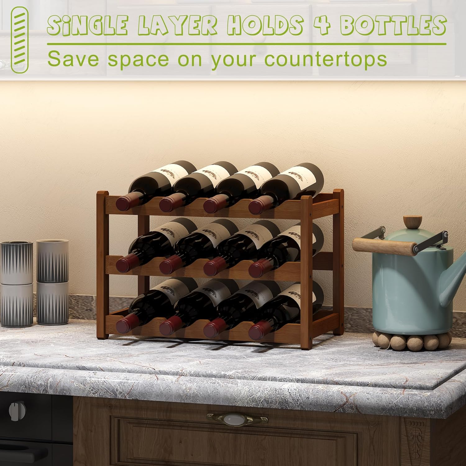 BMOSU 3 Tier Bamboo Wine Rack 12 Bottle Storage Cabinet
