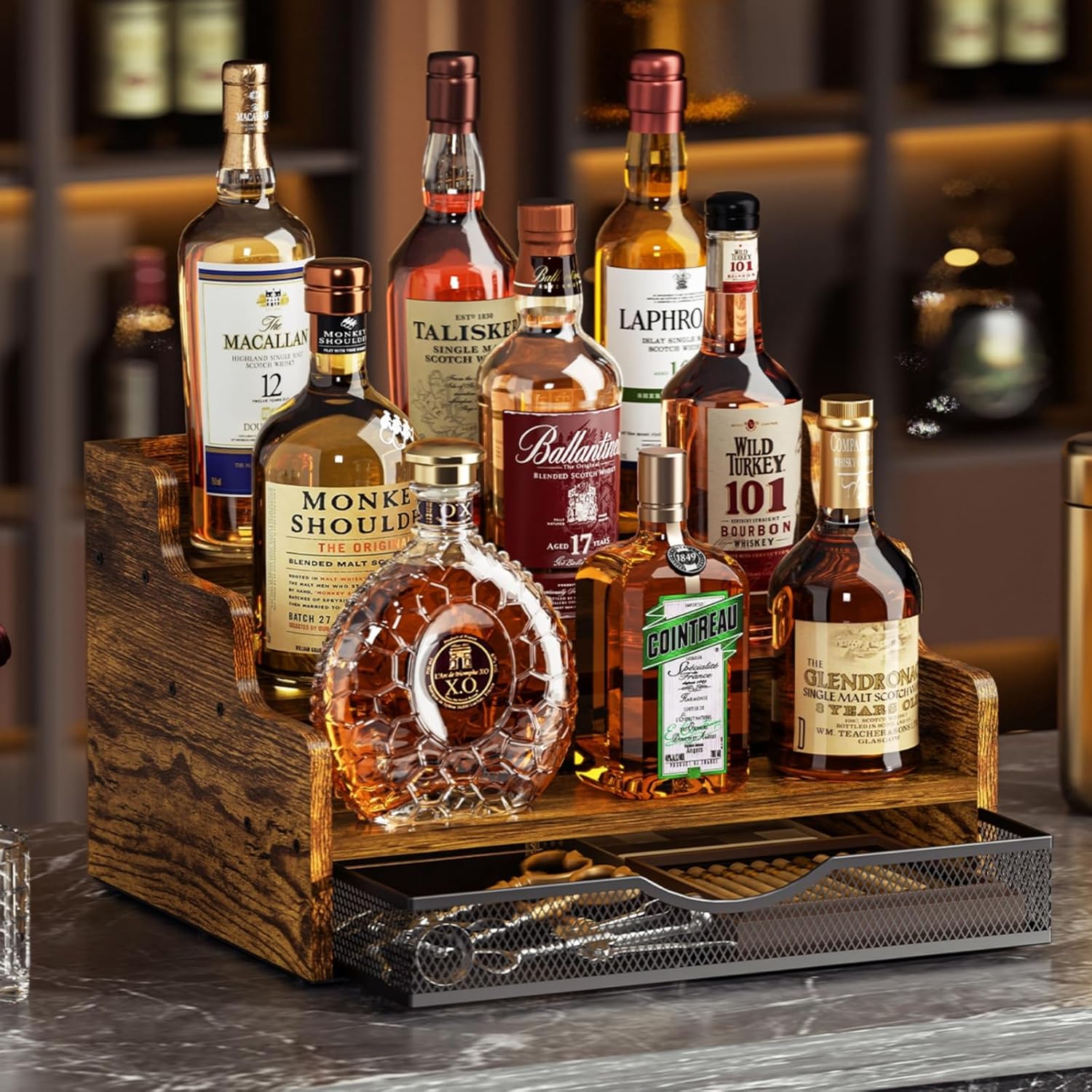 Yuzehuaza 3-Tier Liquor Display Shelf with Drawer