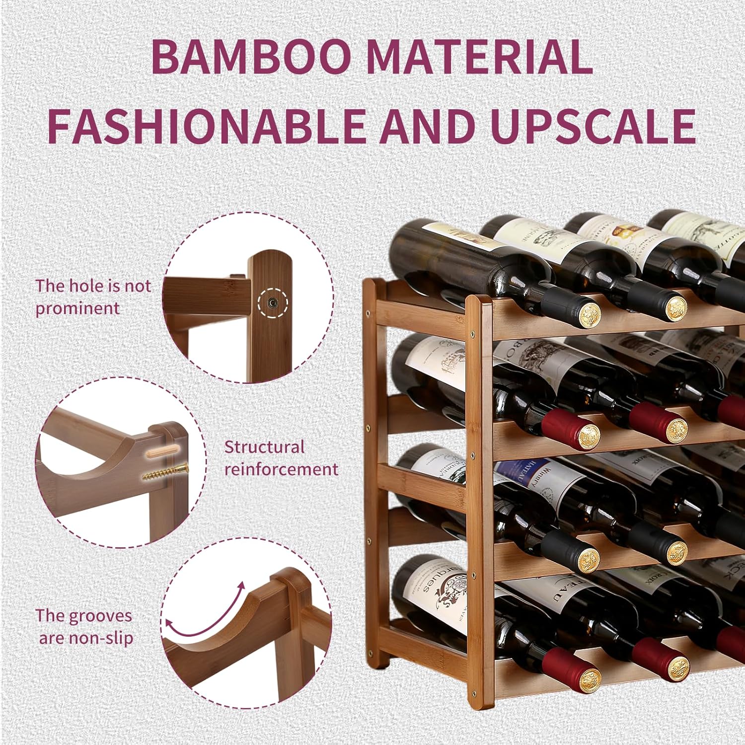 WUTALOTAT Bamboo Wine Rack 4-Tier 16 Bottles Freestanding