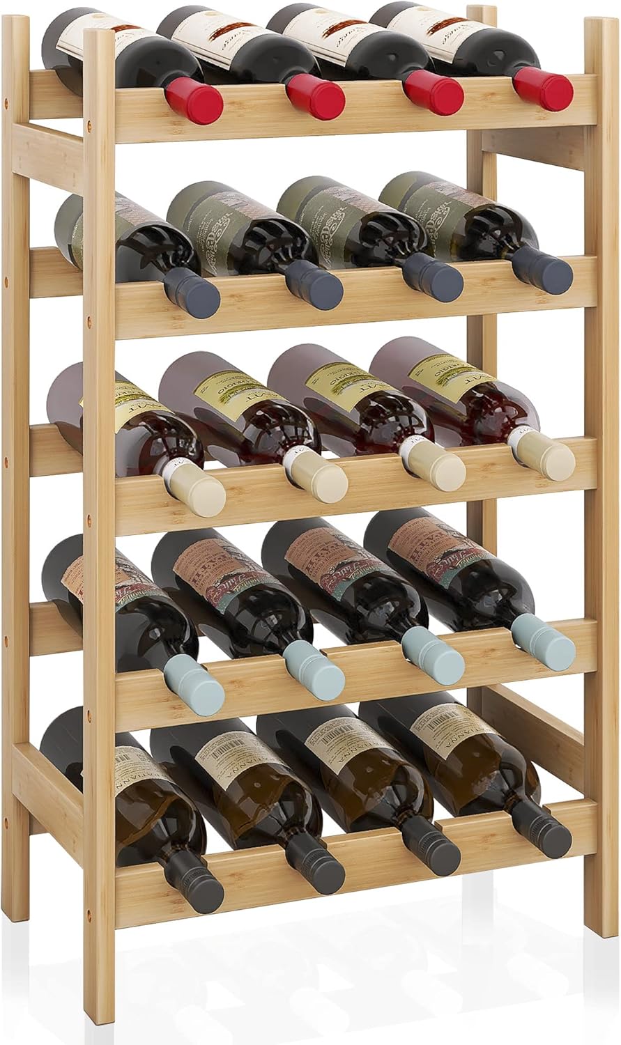 SMIBUY Bamboo Wine Rack 20 Bottles 5-Tier Free Standing