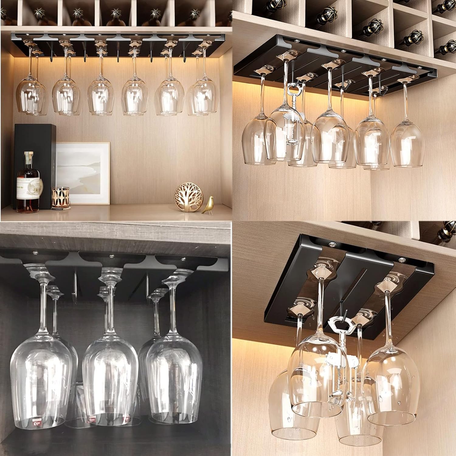 WORDFUN Adjustable Wine Glass Rack - 3 Rows Black Stainless Steel