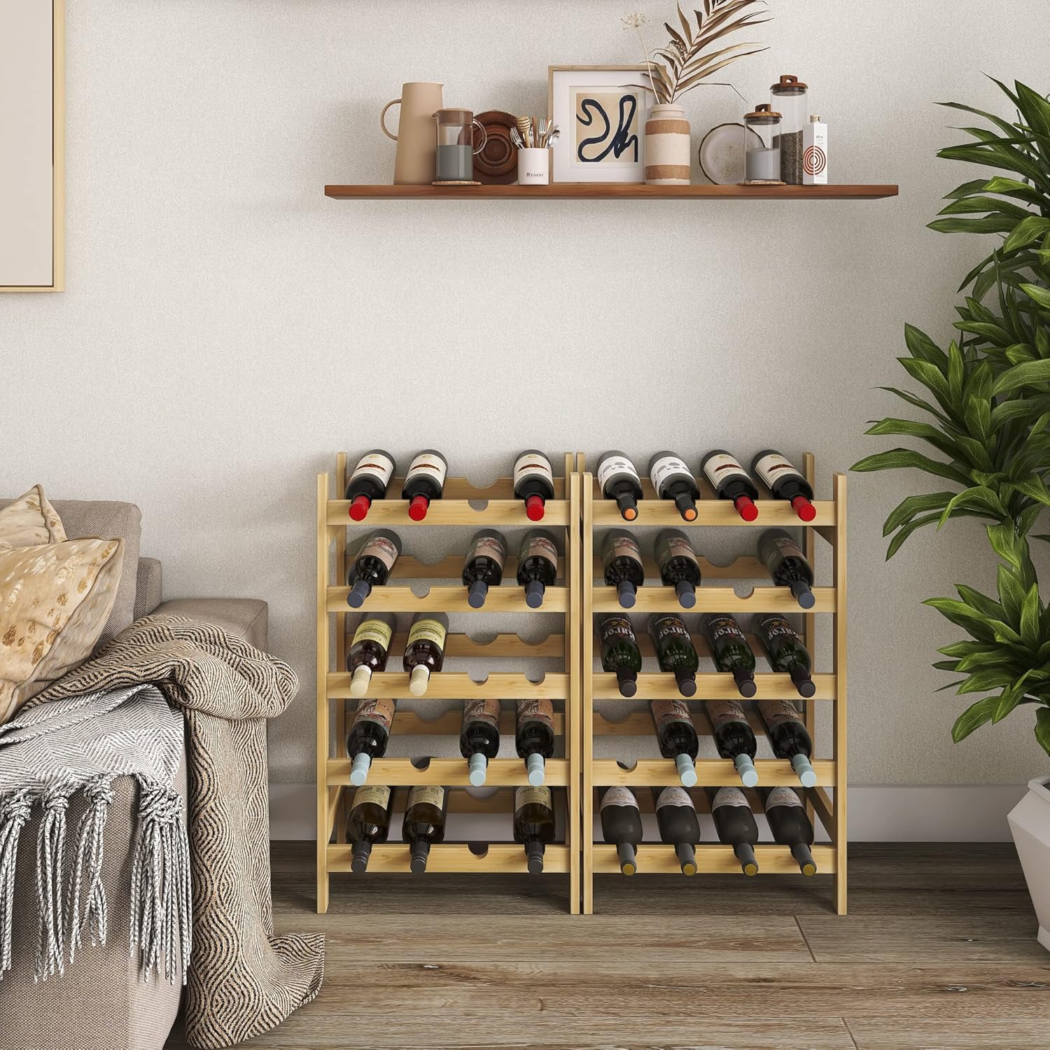 SMIBUY Bamboo Wine Rack 20 Bottles 5-Tier Free Standing